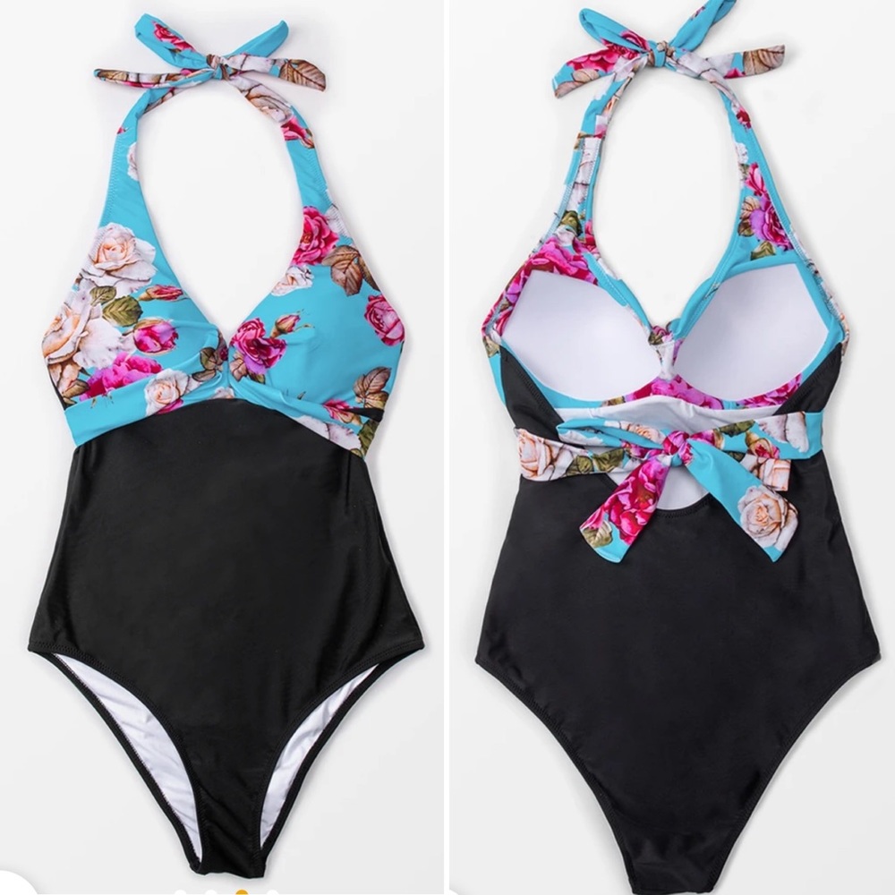 Floral And Black Halter One Piece Swimsuit